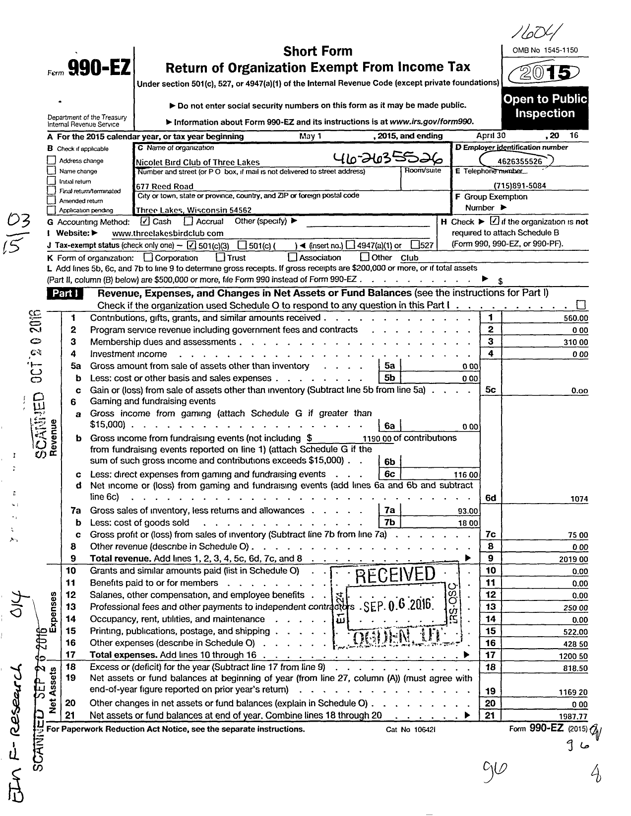 Image of first page of 2015 Form 990EZ for Nicolet Bird Club of Three Lakes