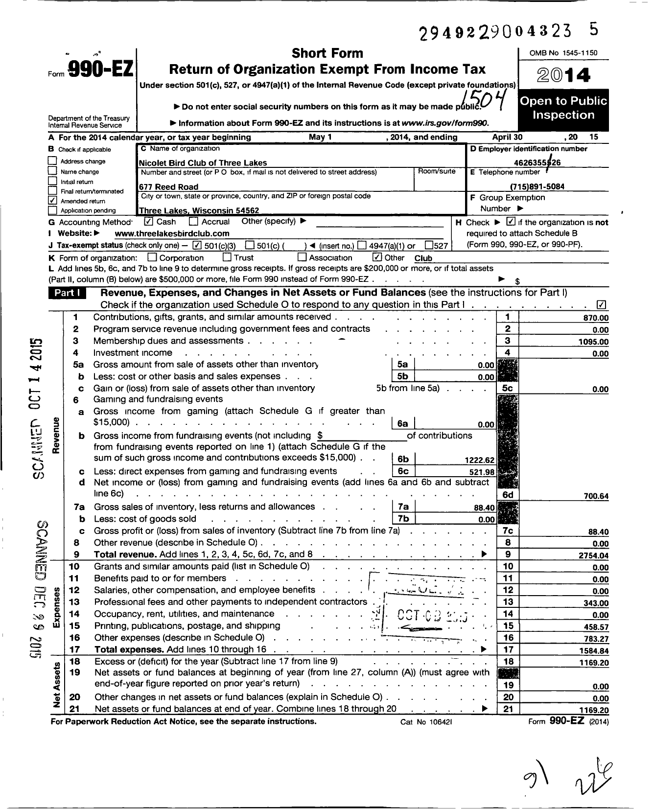 Image of first page of 2014 Form 990EZ for Nicolet Bird Club of Three Lakes