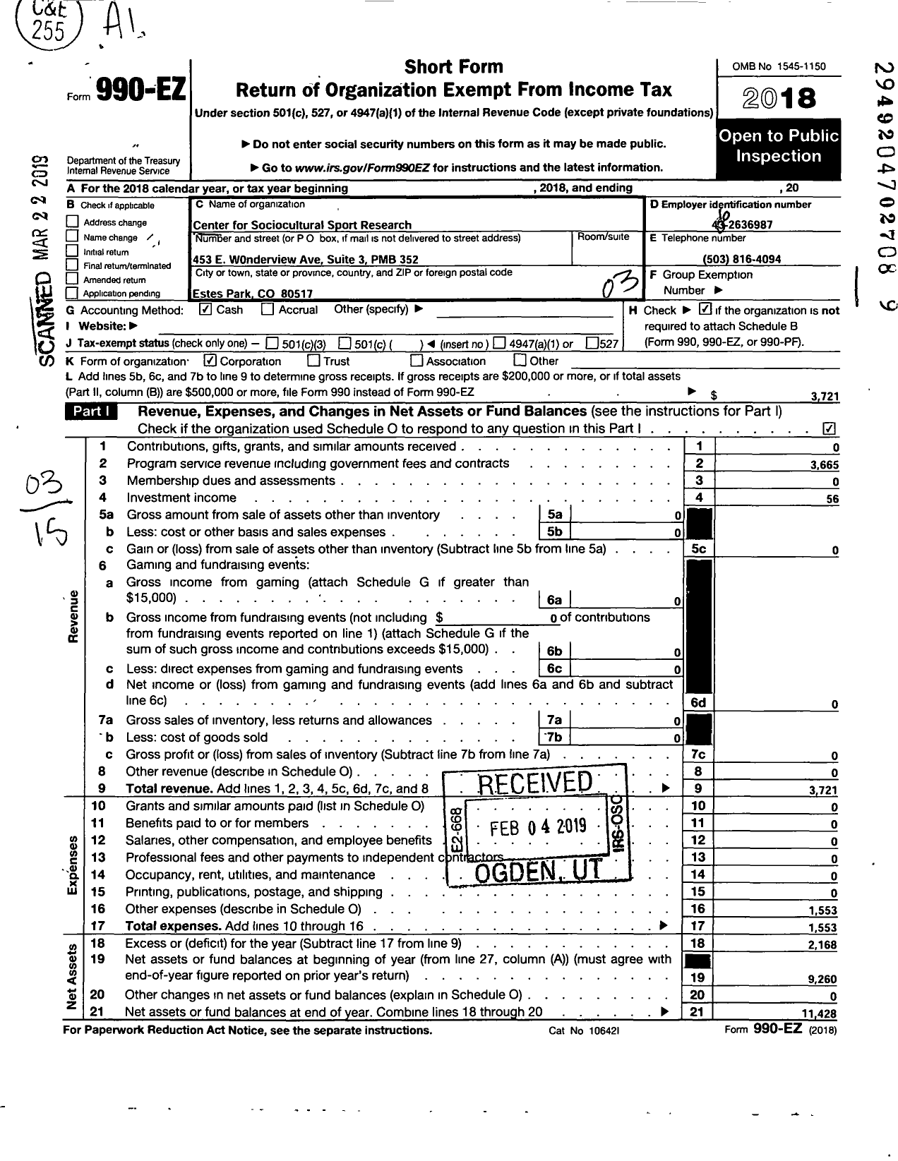 Image of first page of 2018 Form 990EZ for Center for Sociocultural Sport Research