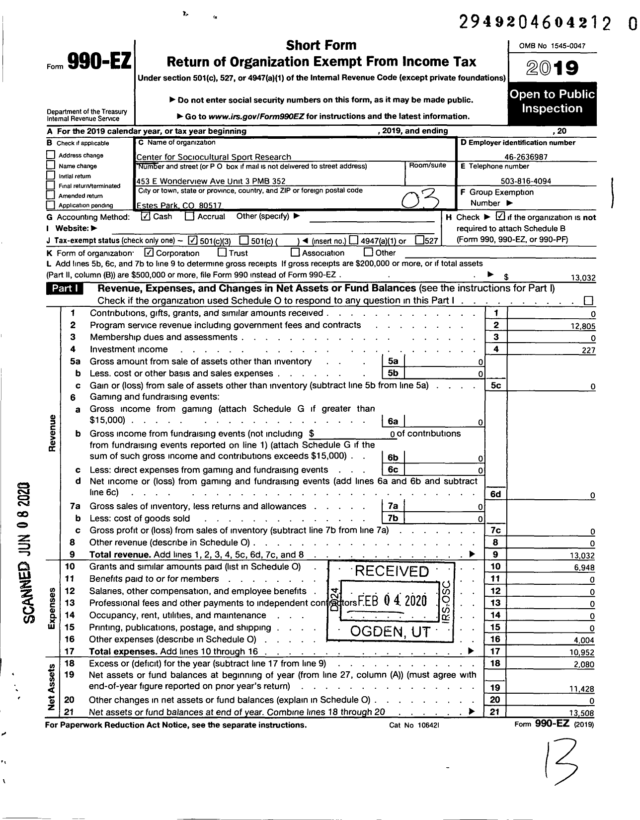 Image of first page of 2019 Form 990EZ for Center for Sociocultural Sport Research