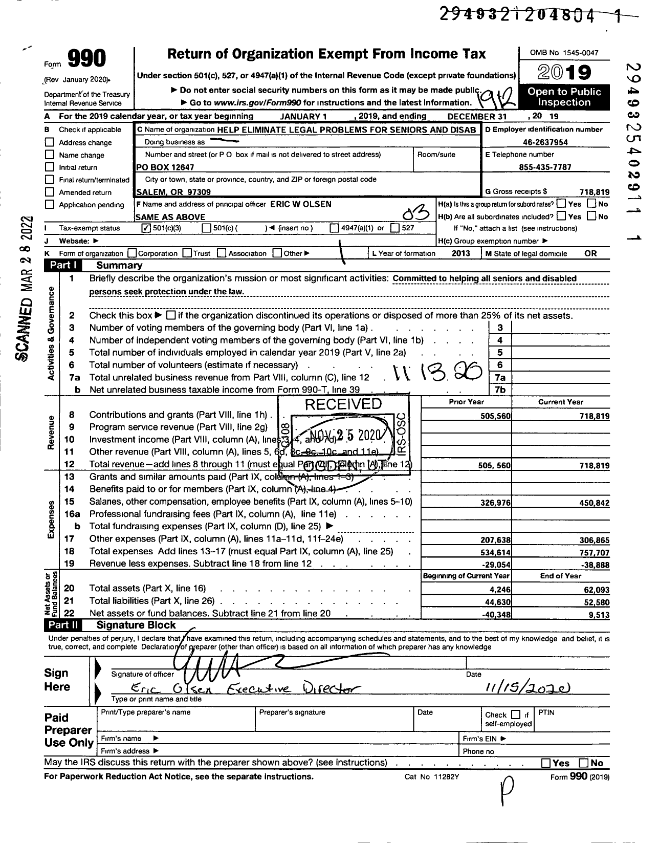 Image of first page of 2019 Form 990 for Help Eliminate Legal Problems for Seniors and Dissabled