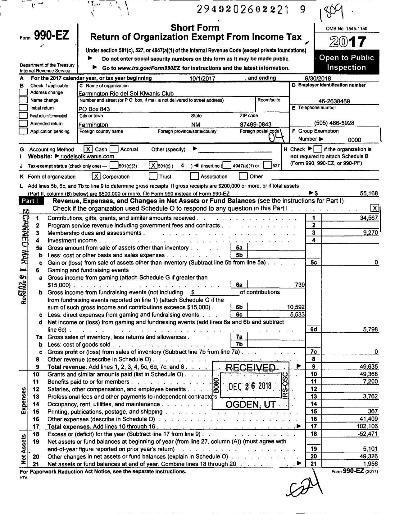 Image of first page of 2017 Form 990EO for Farmington Rio Del Sol Kiwanis Club