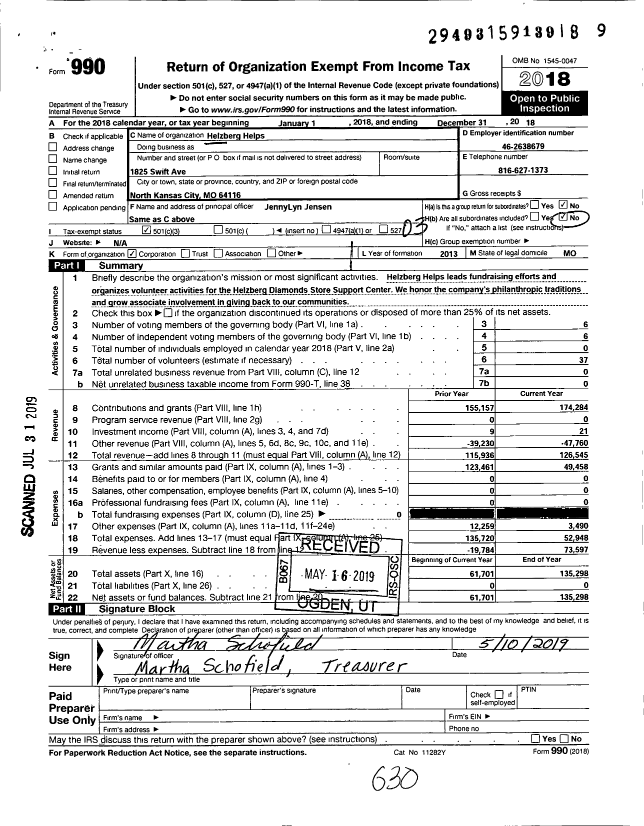 Image of first page of 2018 Form 990 for Helzberg Helps