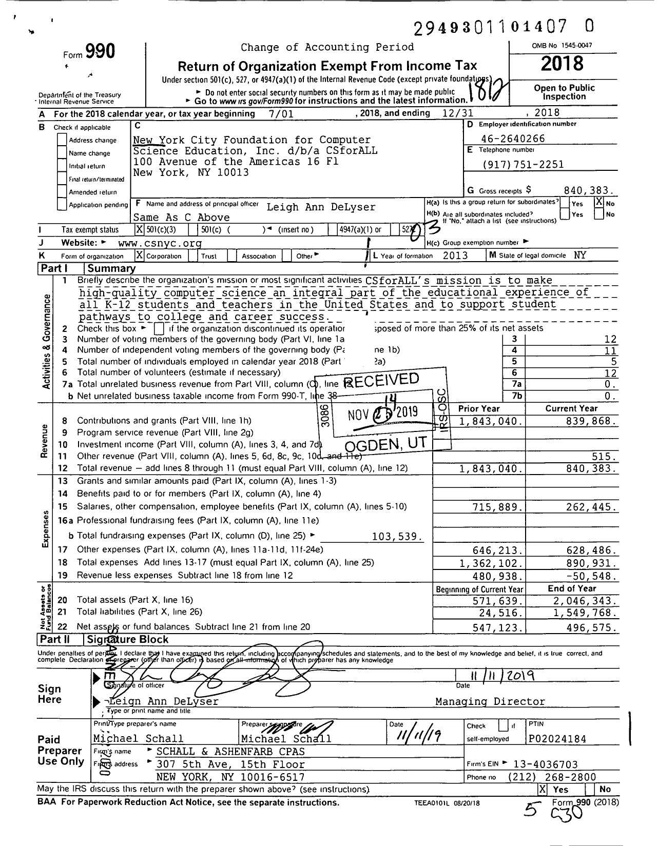 Image of first page of 2018 Form 990 for CSforALL