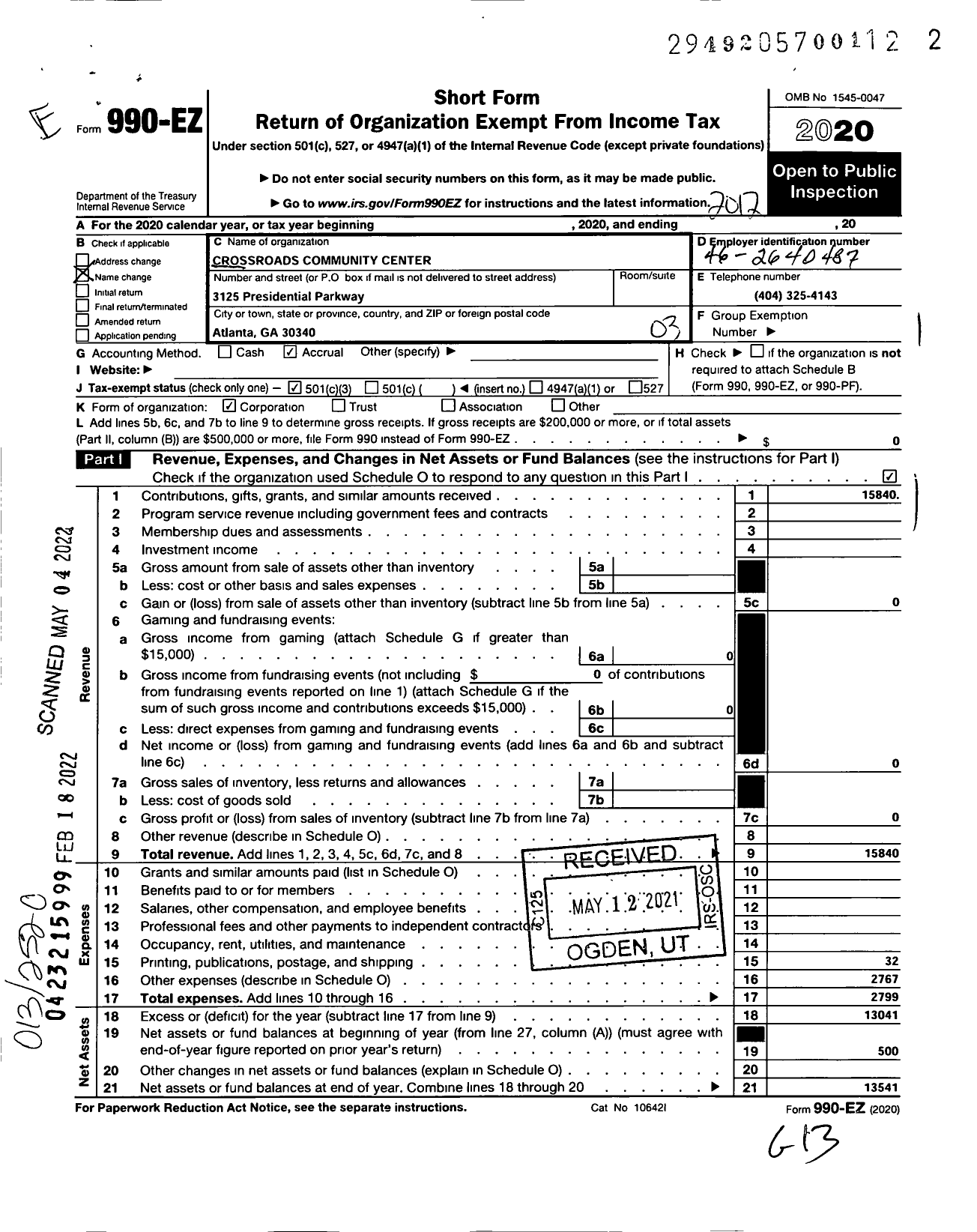 Image of first page of 2020 Form 990EZ for Crossrossroads Community Center