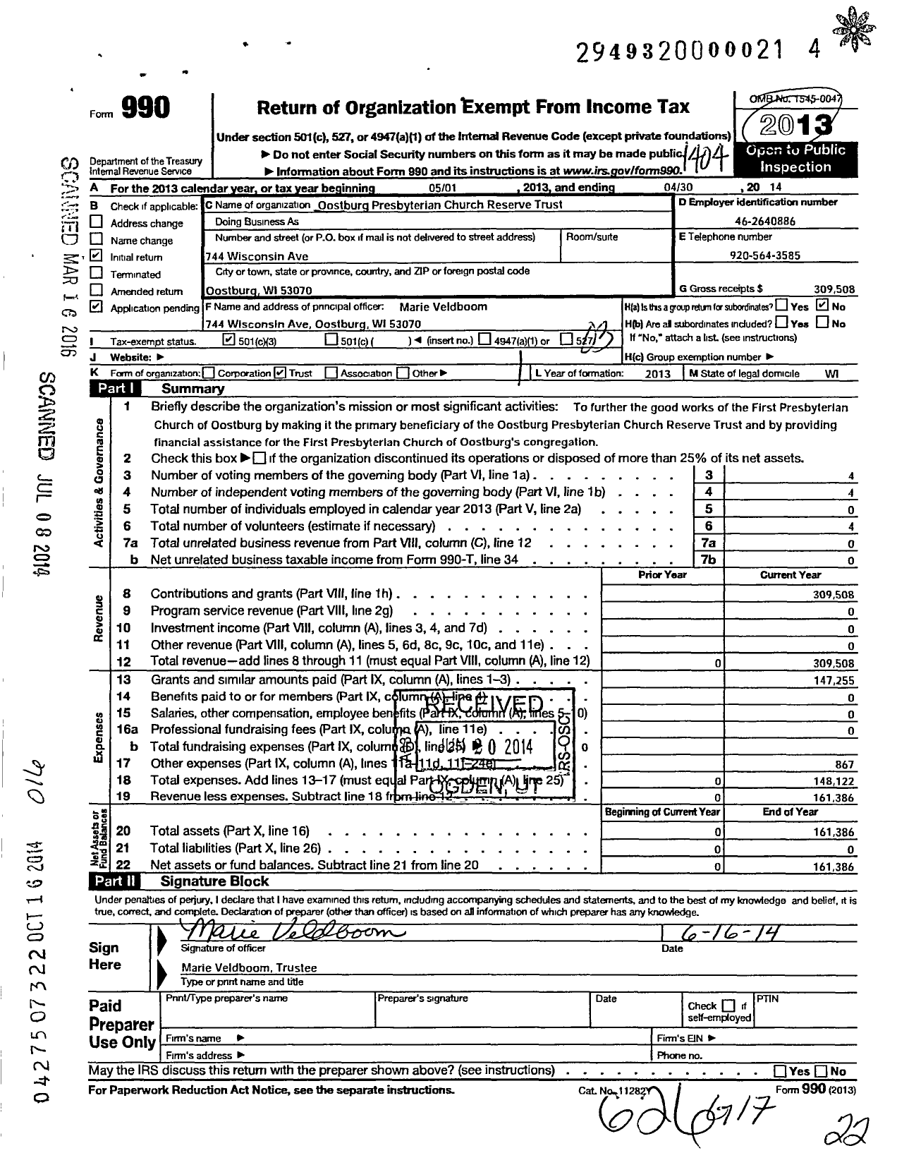 Image of first page of 2013 Form 990 for Oostburg Presbyterian Church Reserve Trust