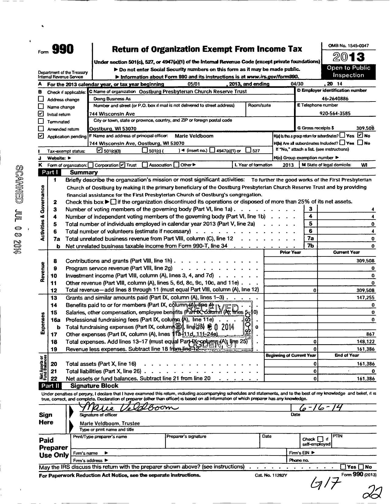 Image of first page of 2013 Form 990 for Oostburg Presbyterian Church Reserve Trust