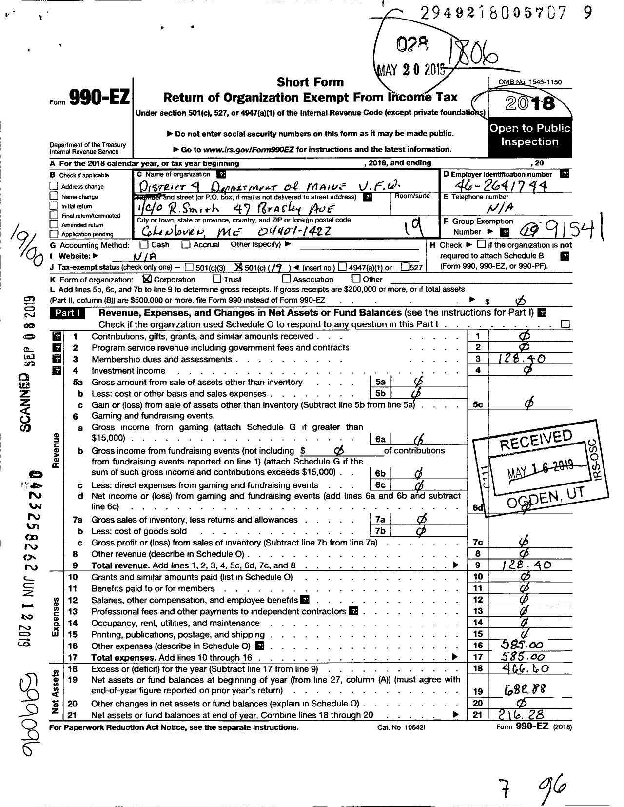 Image of first page of 2017 Form 990EO for District 4 Department of Maine Veterans of Foreign Wars of the Us