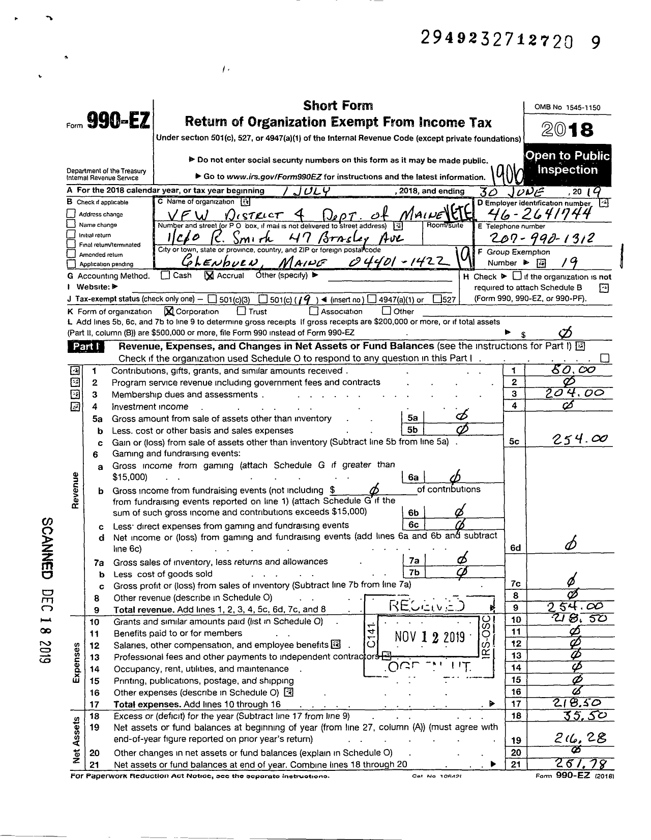 Image of first page of 2018 Form 990EO for District 4 Department of Maine Veterans of Foreign Wars of the Us