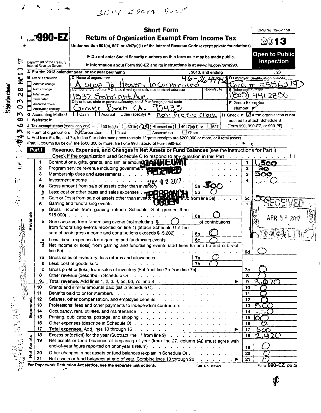 Image of first page of 2013 Form 990EO for A Step To Heaven Incorporated