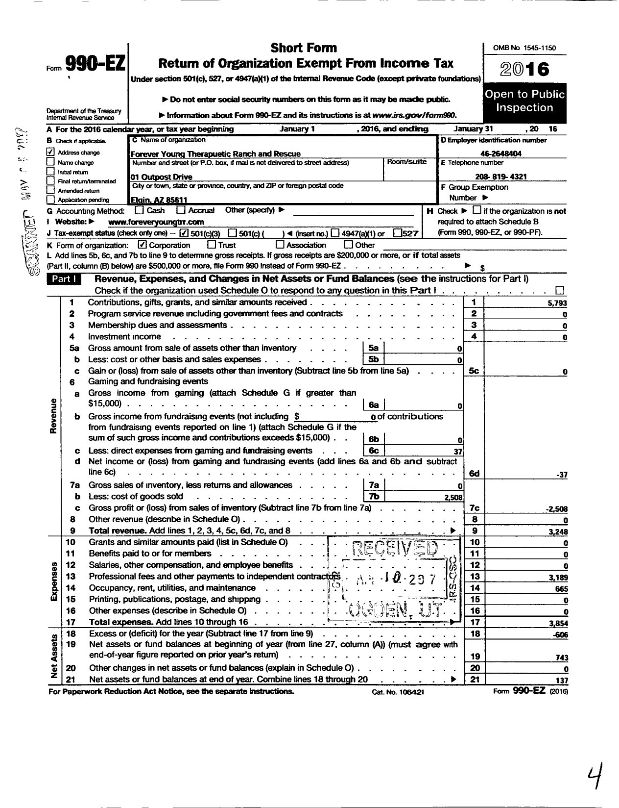 Image of first page of 2015 Form 990EZ for Forever Young Therapeutic Ranch and Rescue