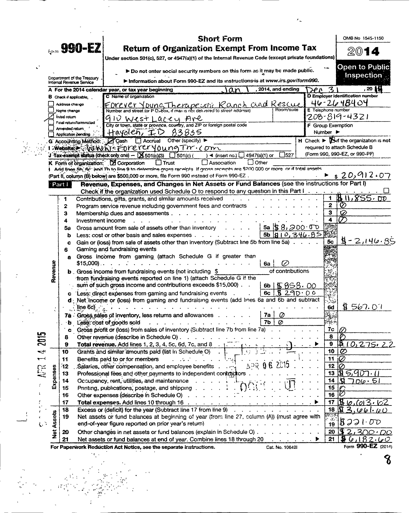 Image of first page of 2014 Form 990EZ for Forever Young Therapeutic Ranch and Rescue