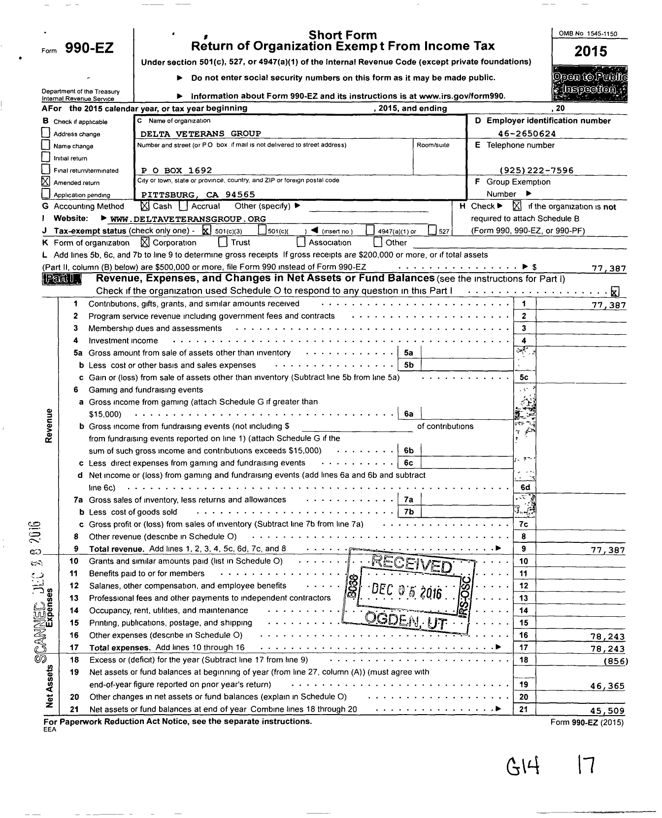 Image of first page of 2015 Form 990EZ for Delta Veterans Group