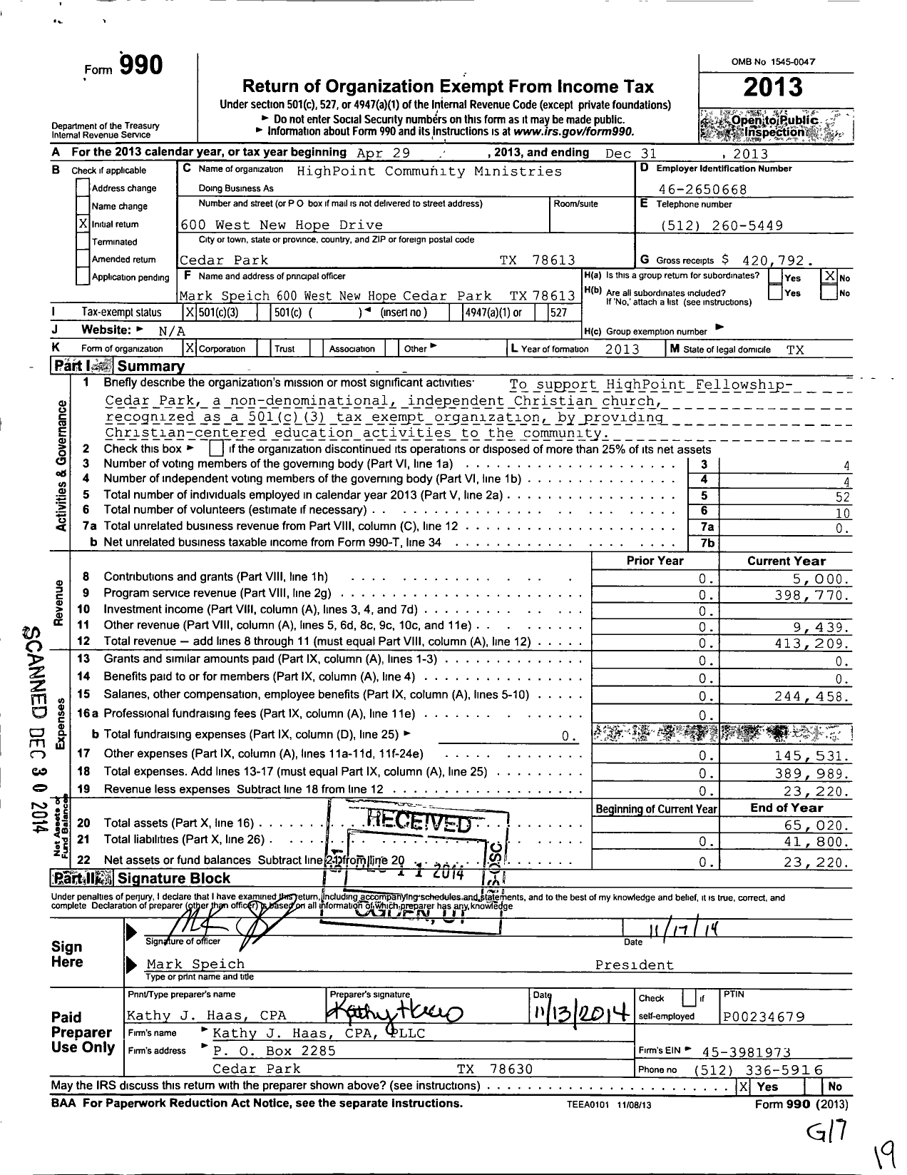 Image of first page of 2013 Form 990 for HighPoint Community Ministries