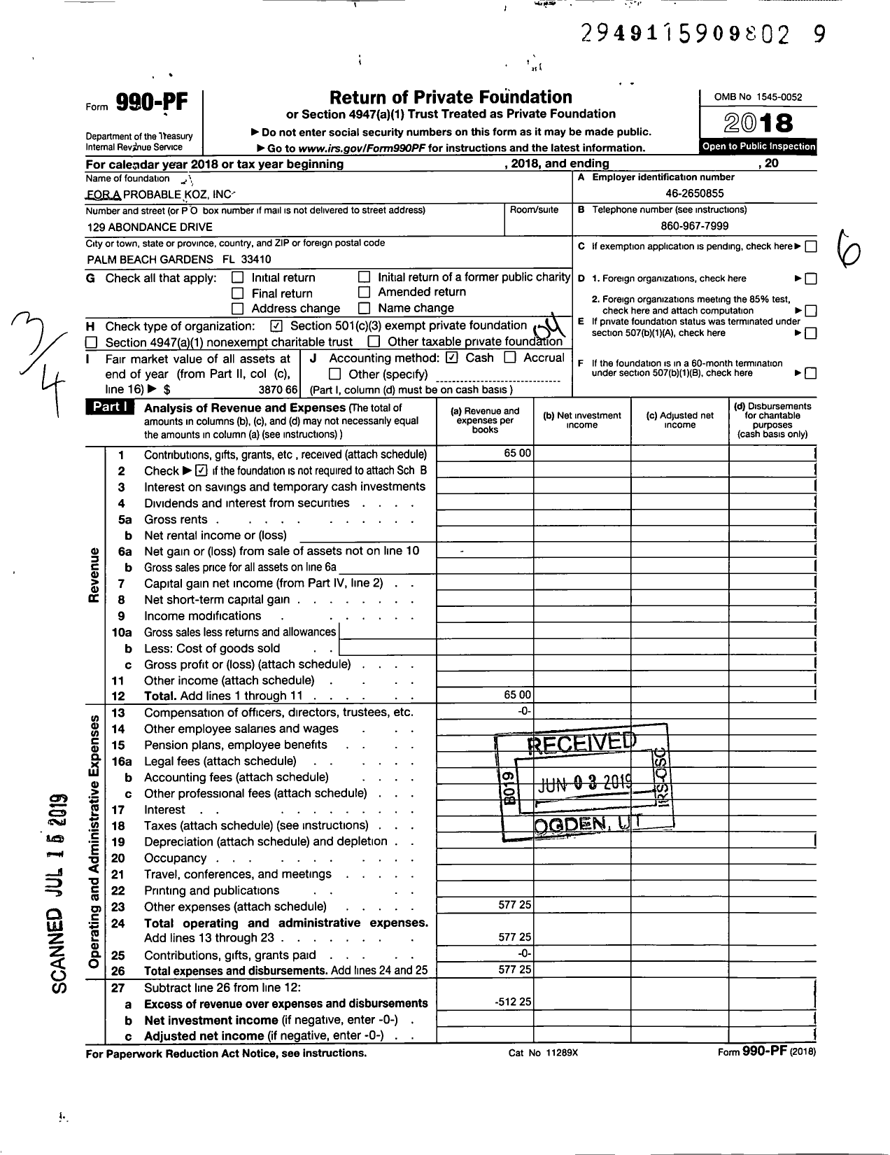 Image of first page of 2018 Form 990PF for For A Probable Koz