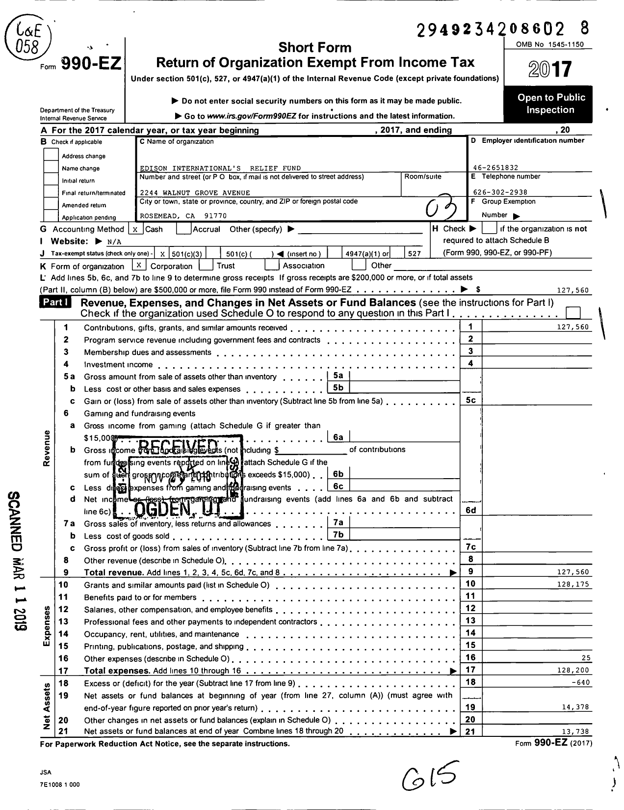 Image of first page of 2017 Form 990EZ for Edison International's Relief Fund