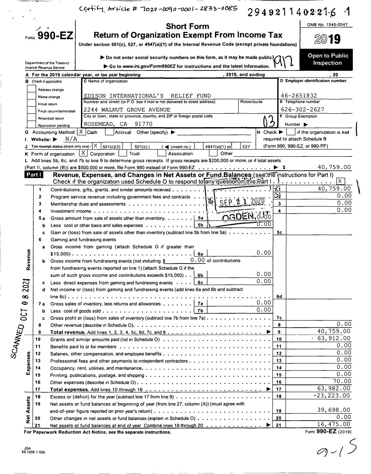 Image of first page of 2019 Form 990EZ for Edison International's Relief Fund