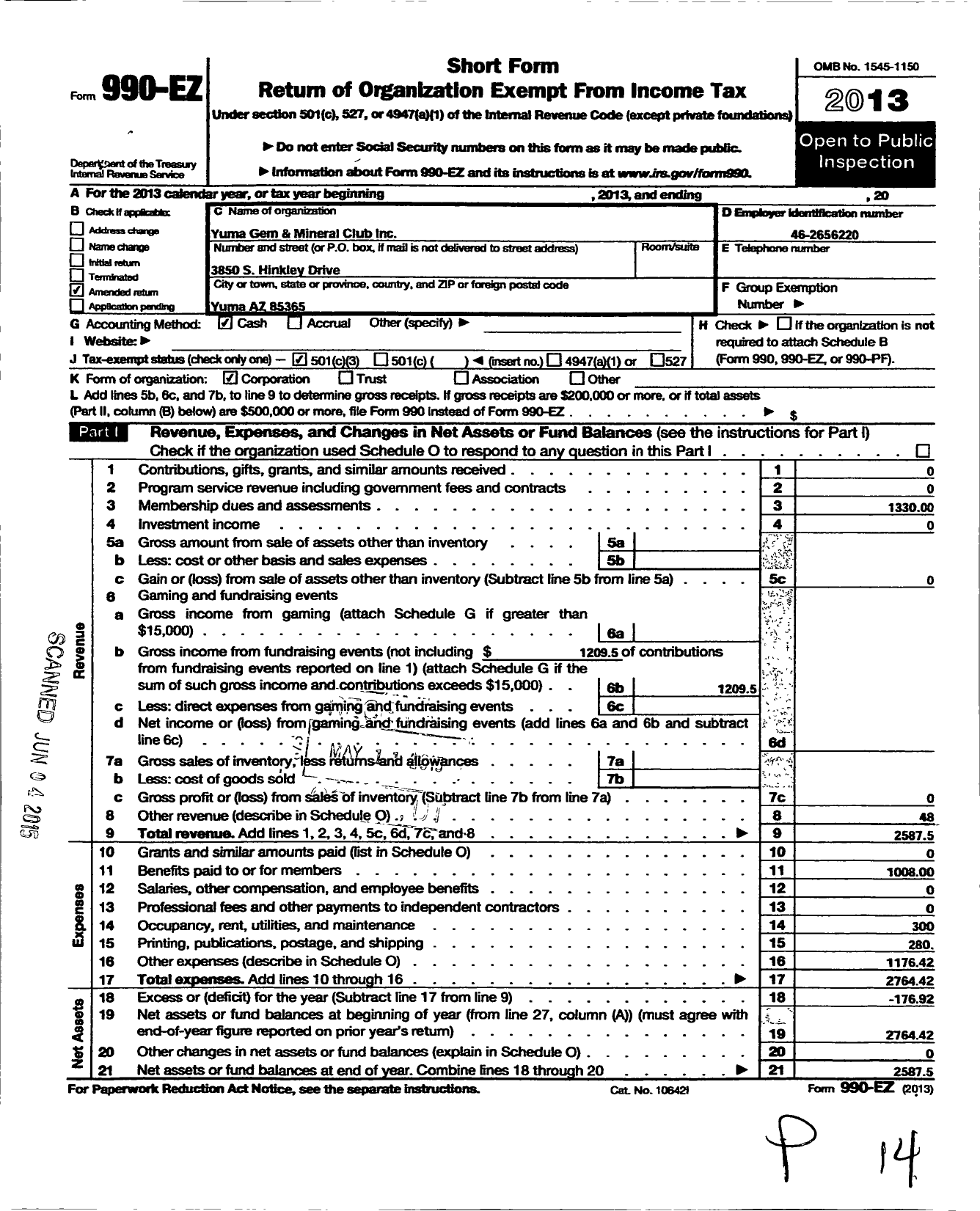 Image of first page of 2013 Form 990EZ for Yuma Gem and Mineral Club