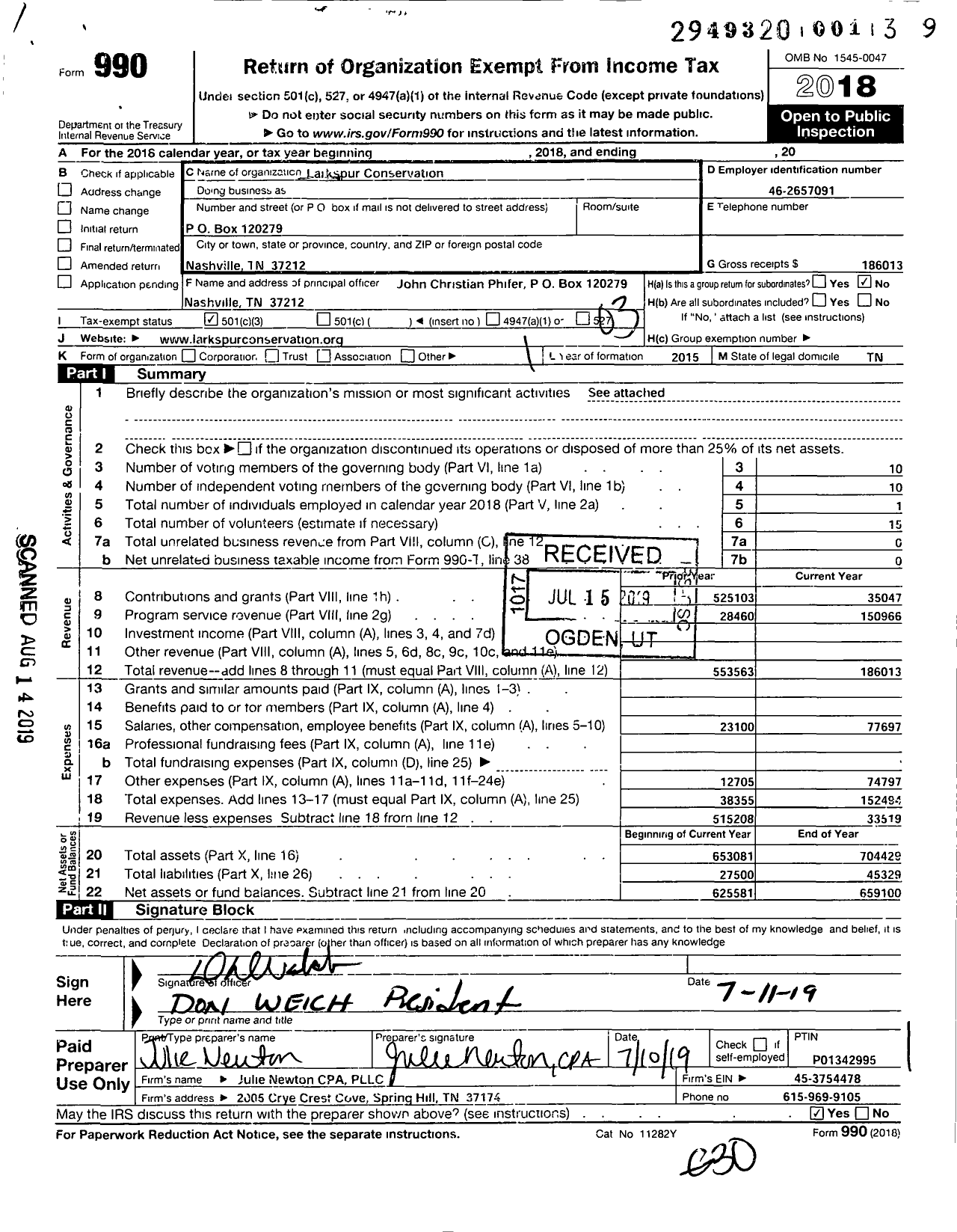 Image of first page of 2018 Form 990 for Larkspur Conservation