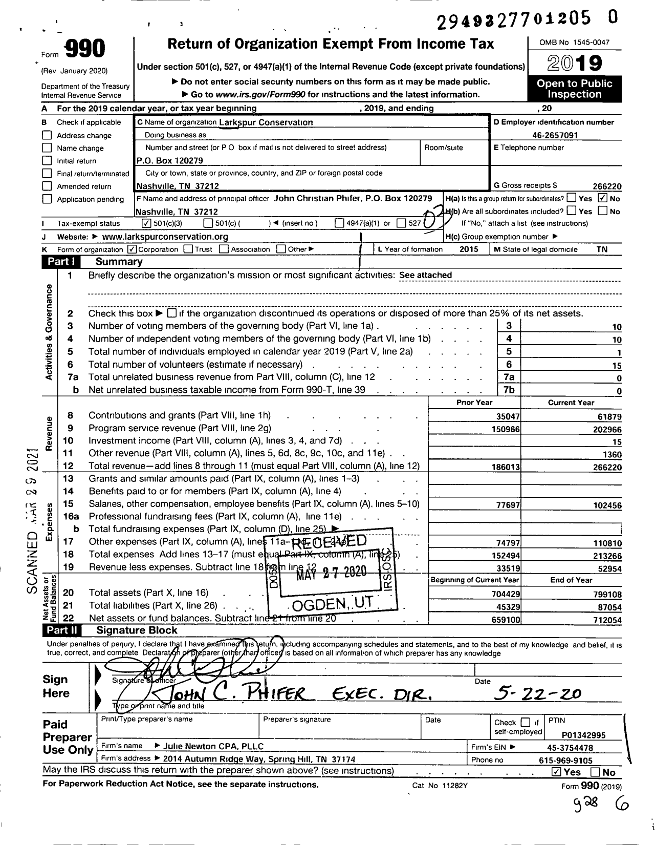 Image of first page of 2019 Form 990 for Larkspur Conservation