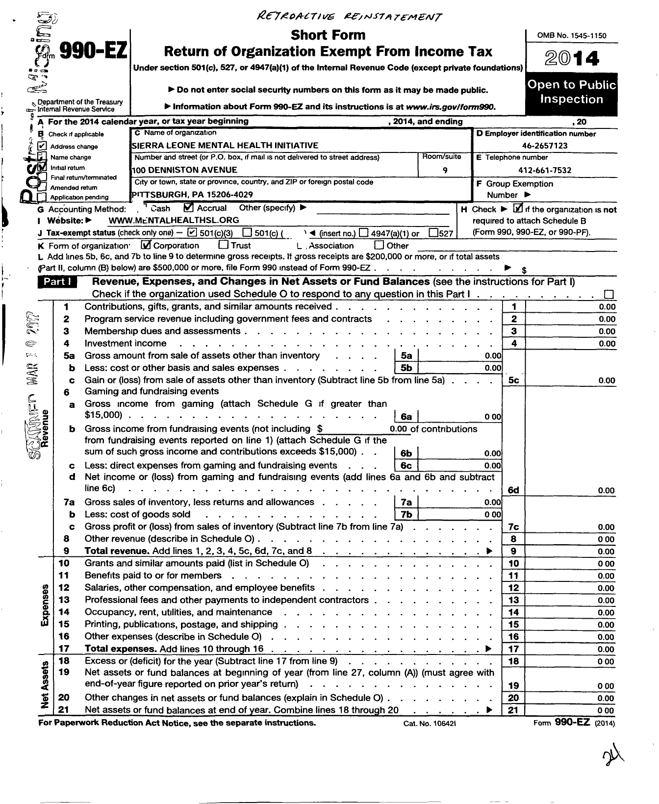 Image of first page of 2014 Form 990EZ for Sierra Leone Mental Health Initiative