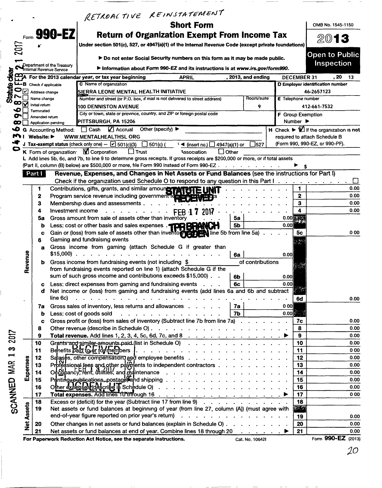 Image of first page of 2013 Form 990EZ for Sierra Leone Mental Health Initiative