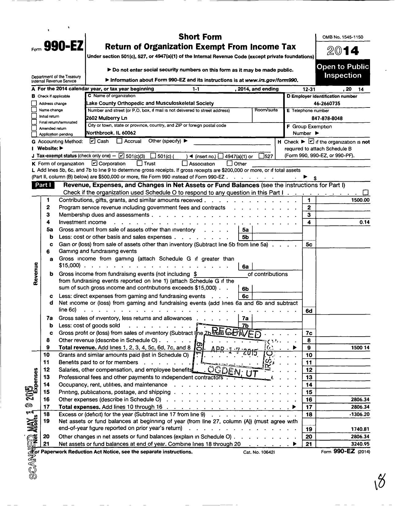 Image of first page of 2014 Form 990EZ for Lake County Orthopedic and Musculoskeletal Society