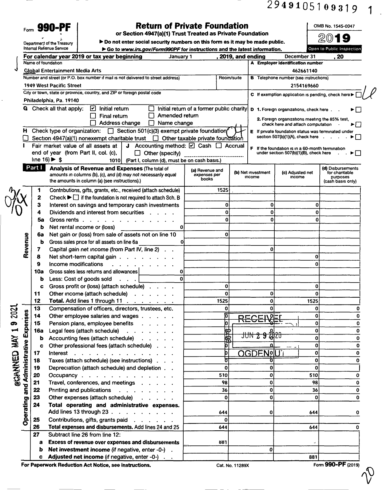 Image of first page of 2019 Form 990PF for Global Entertainment Media Arts Foundation