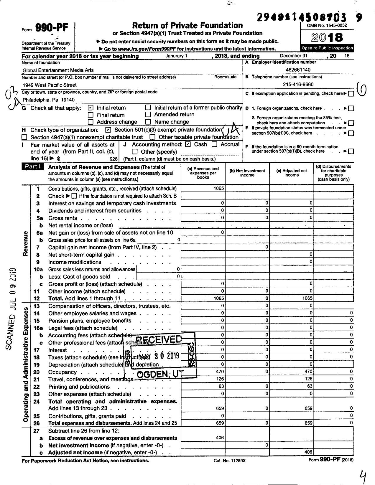 Image of first page of 2018 Form 990PF for Global Entertainment Media Arts Foundation