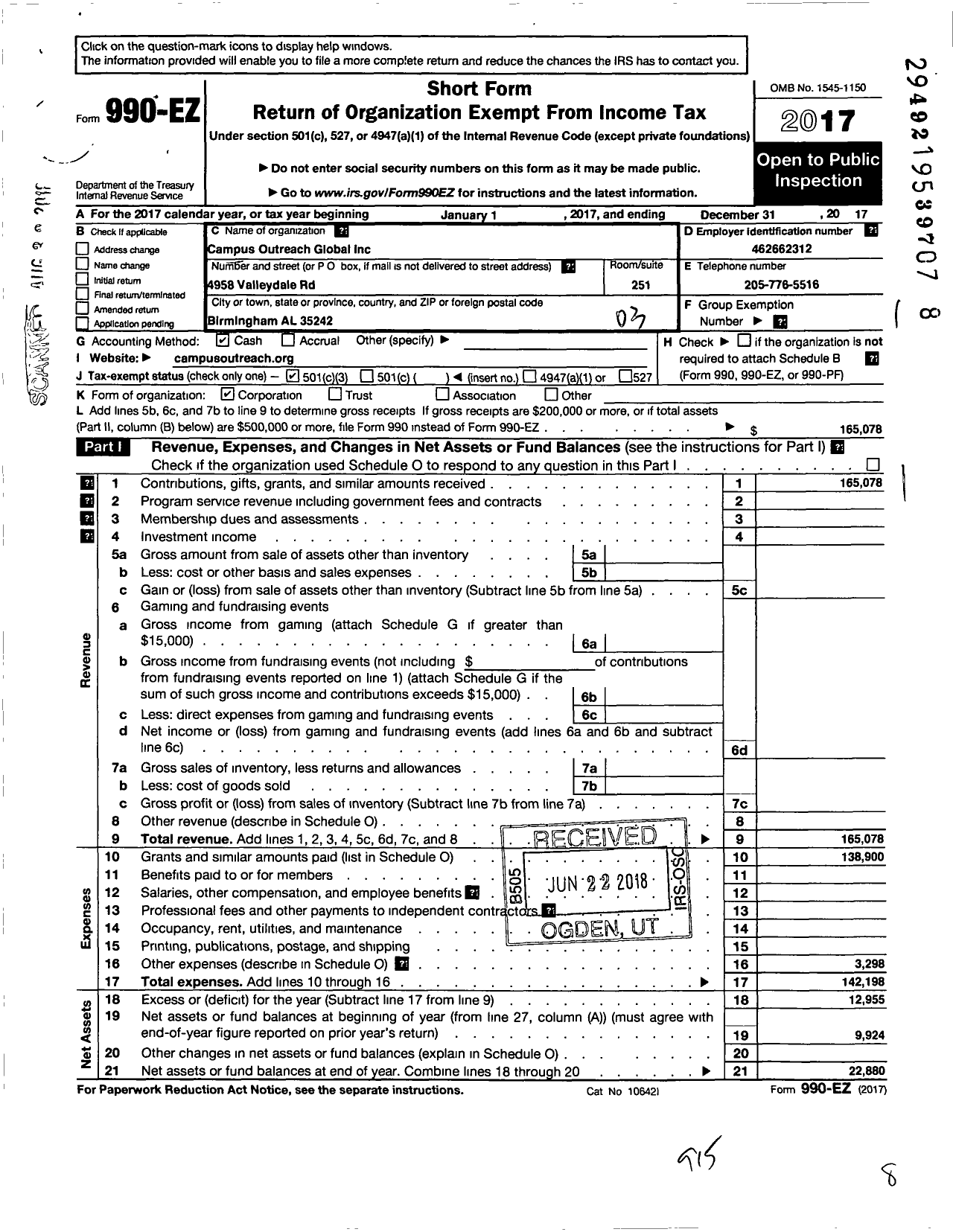 Image of first page of 2017 Form 990EZ for Campus Outreach Serve