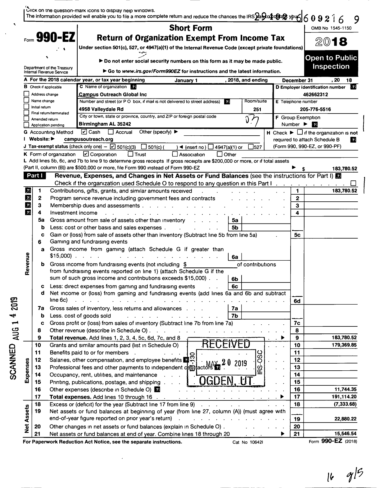 Image of first page of 2018 Form 990EZ for Campus Outreach Serve