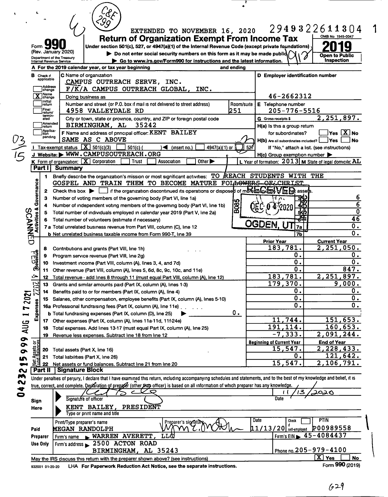 Image of first page of 2019 Form 990 for Campus Outreach Serve