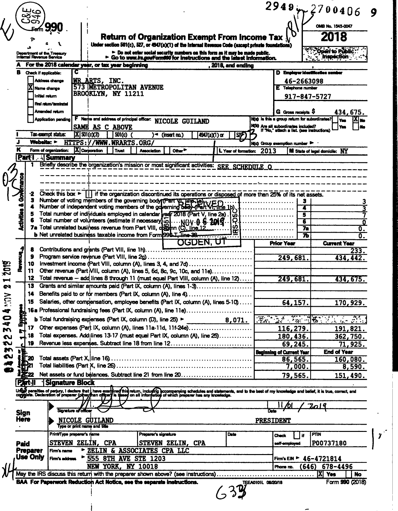 Image of first page of 2018 Form 990 for WR Arts