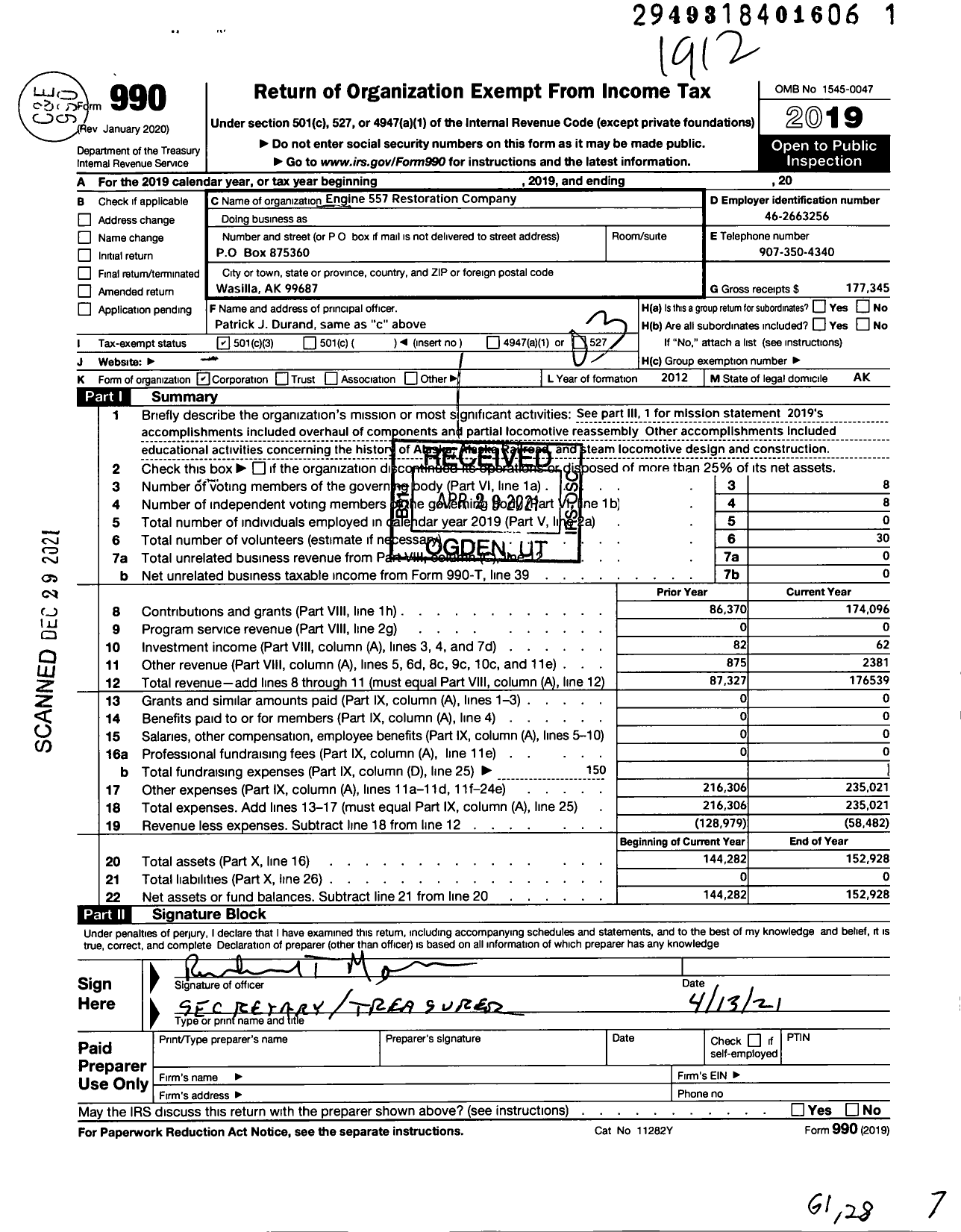 Image of first page of 2019 Form 990 for Engine 557 Restoration Company