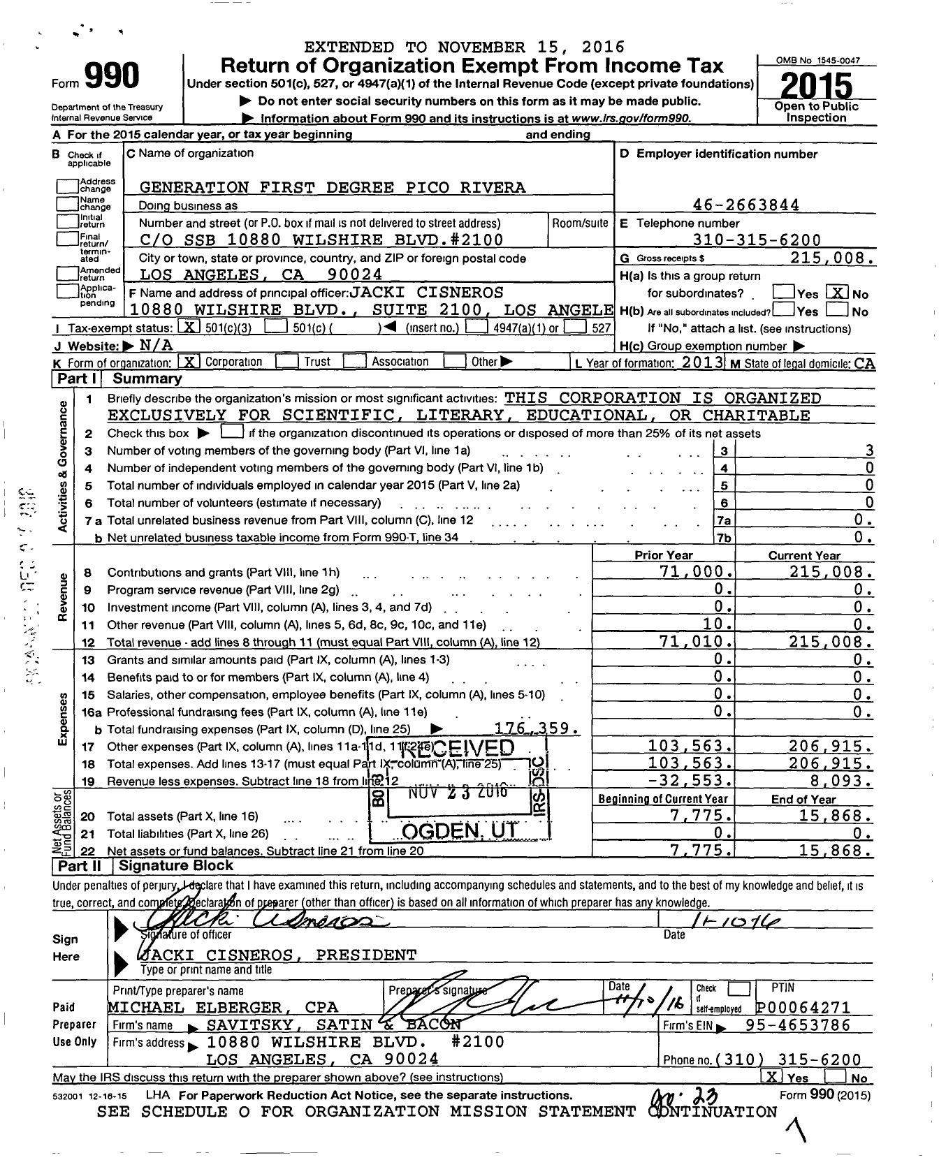 Image of first page of 2015 Form 990 for Generation First Degree Pico Rivera