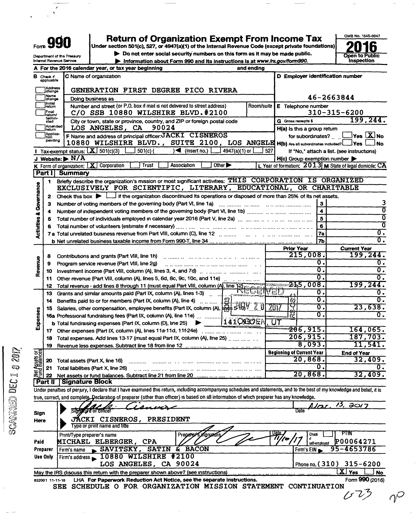 Image of first page of 2016 Form 990 for Generation First Degree Pico Rivera