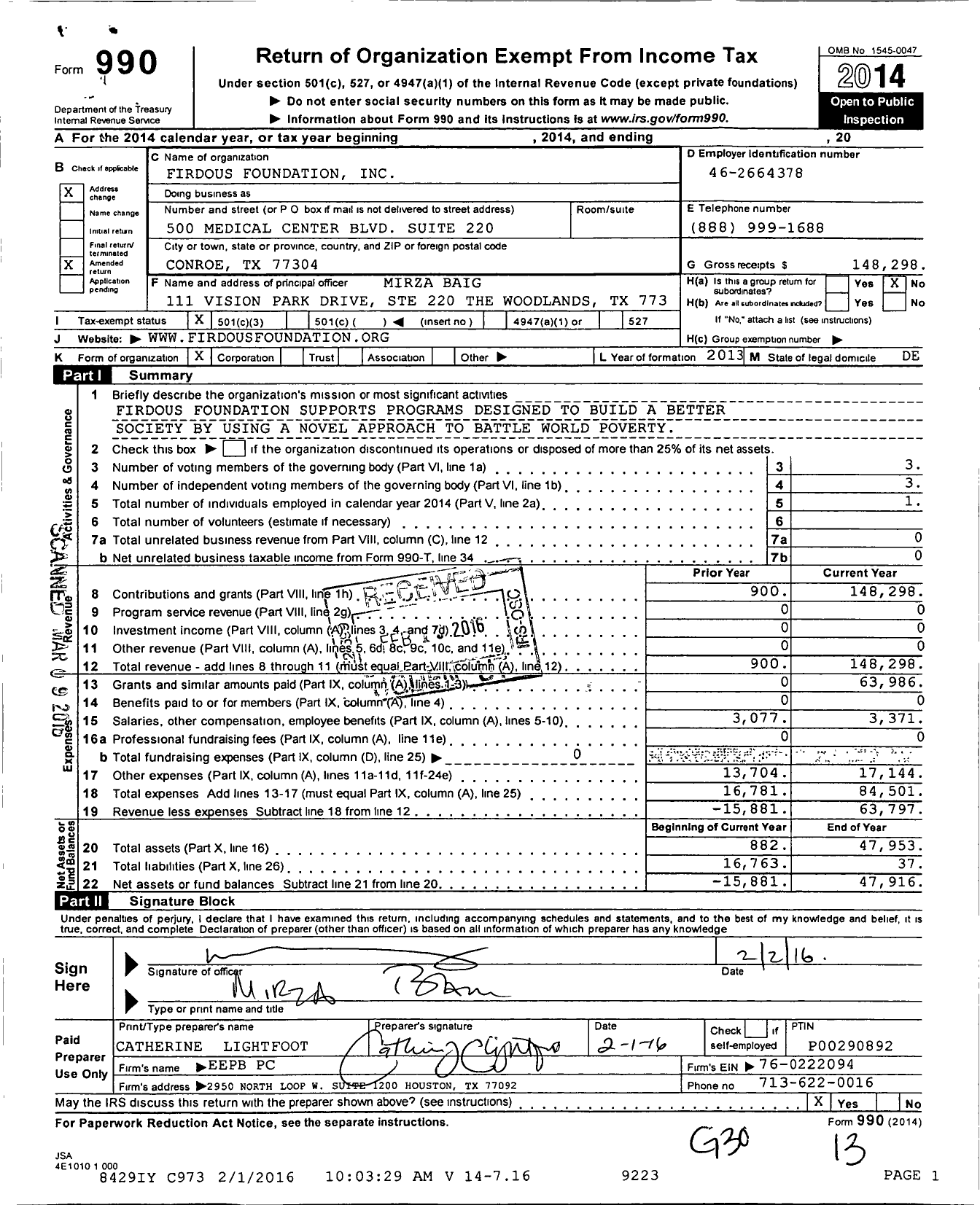 Image of first page of 2014 Form 990 for Firdous Foundation