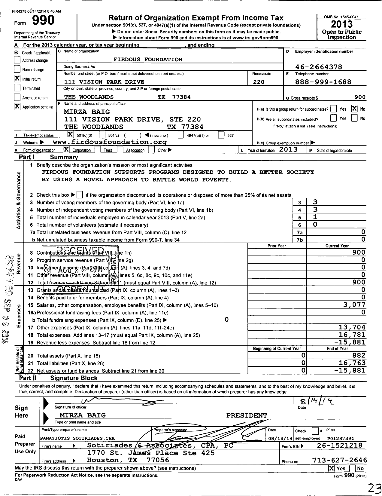 Image of first page of 2013 Form 990 for Firdous Foundation