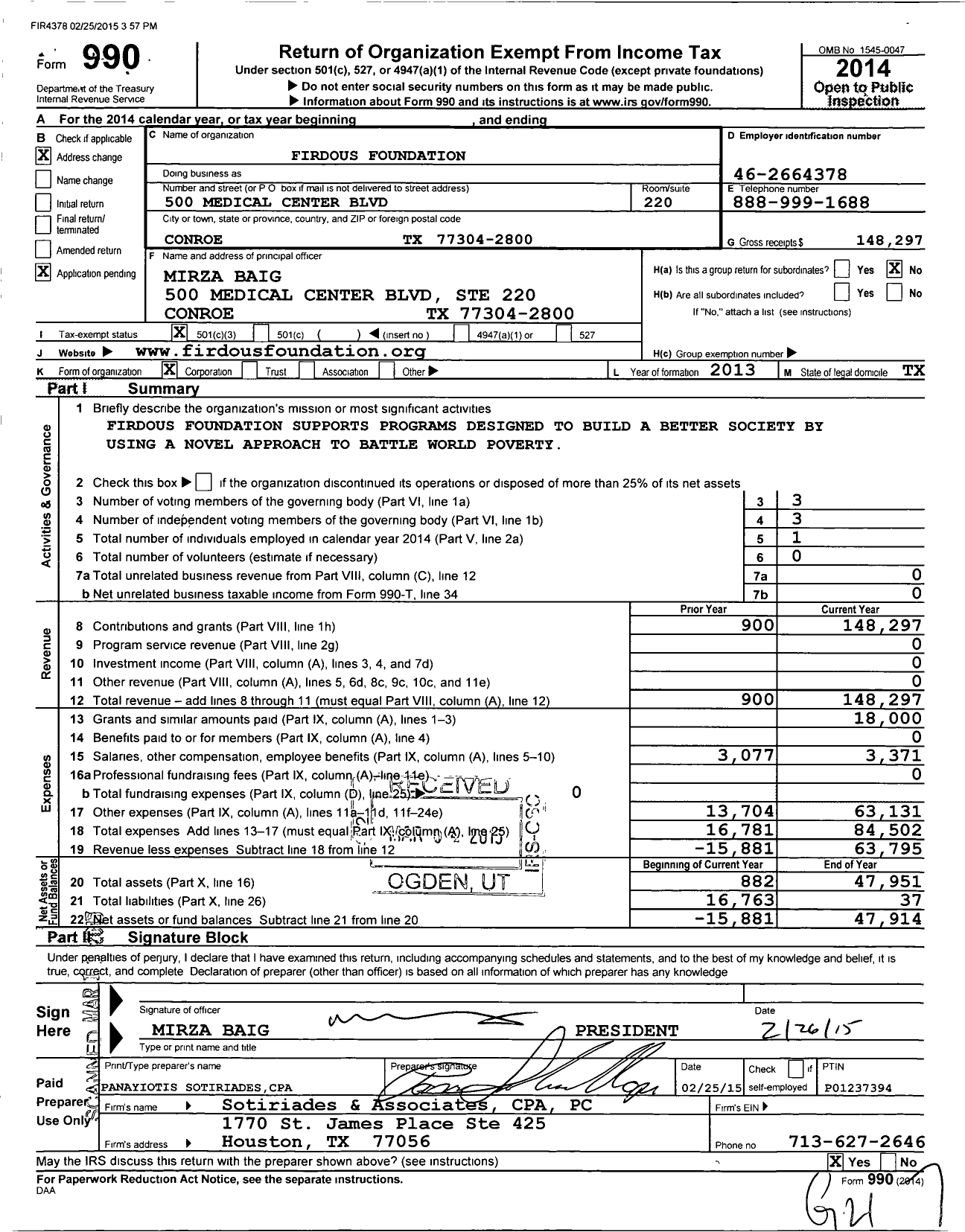 Image of first page of 2014 Form 990 for Firdous Foundation