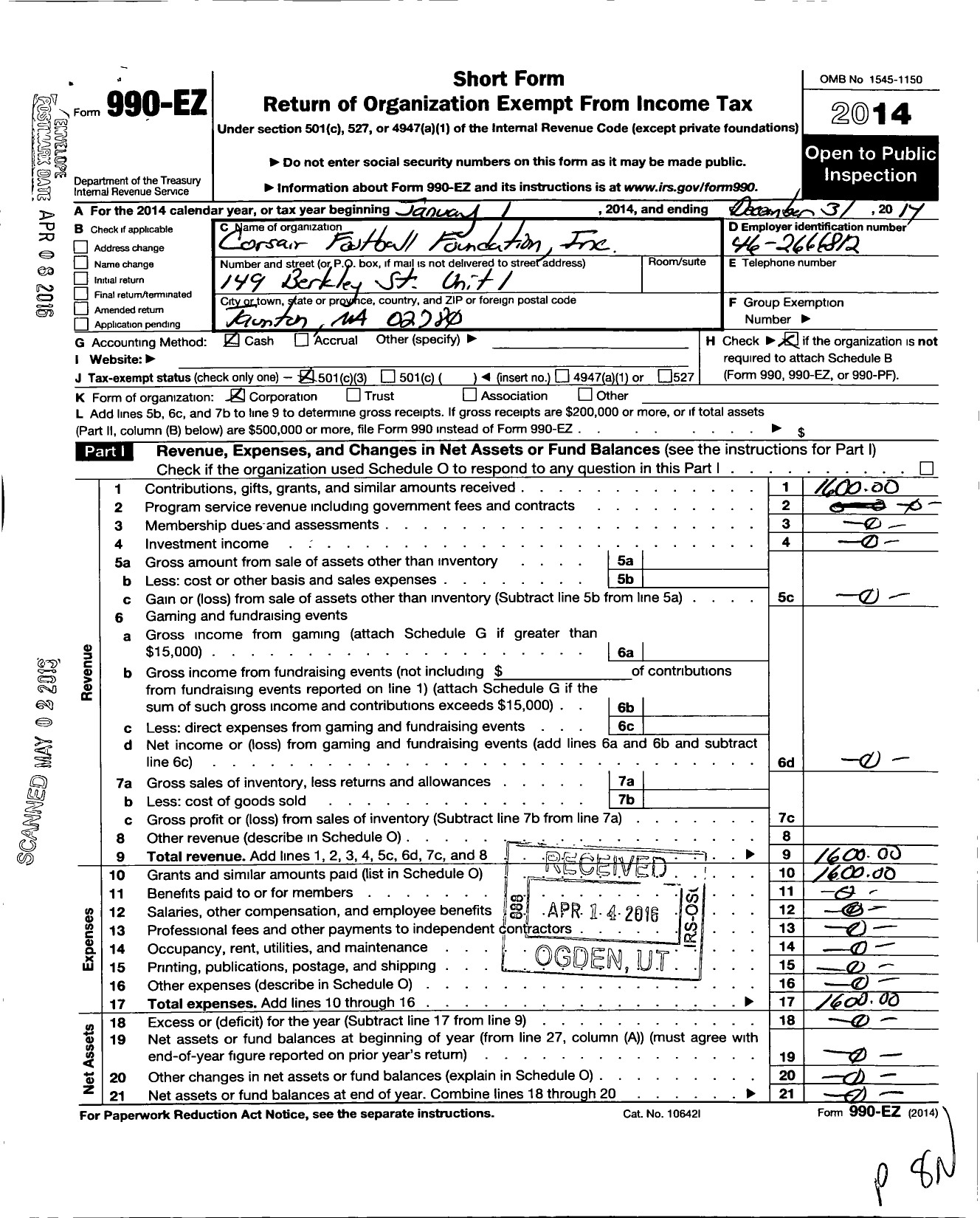 Image of first page of 2014 Form 990EZ for Corsair Football Foundation