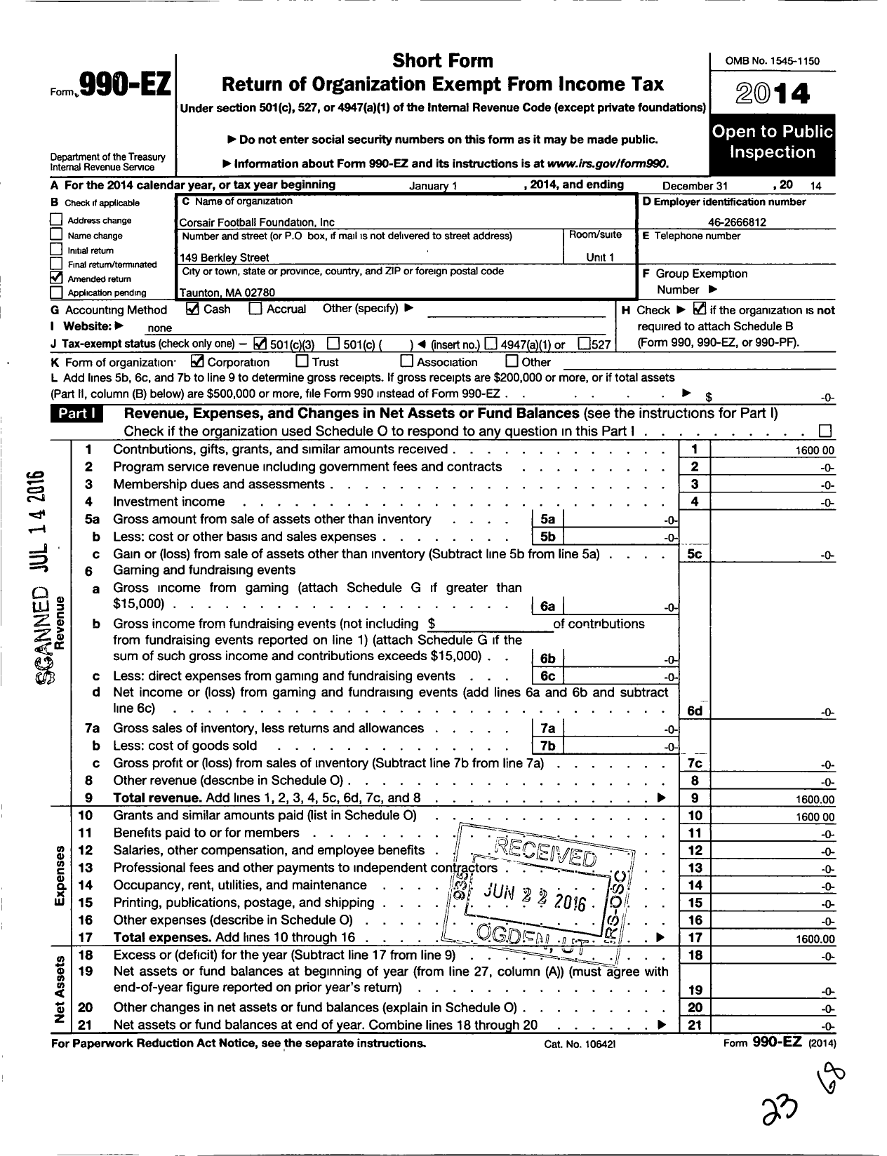 Image of first page of 2014 Form 990EZ for Corsair Football Foundation