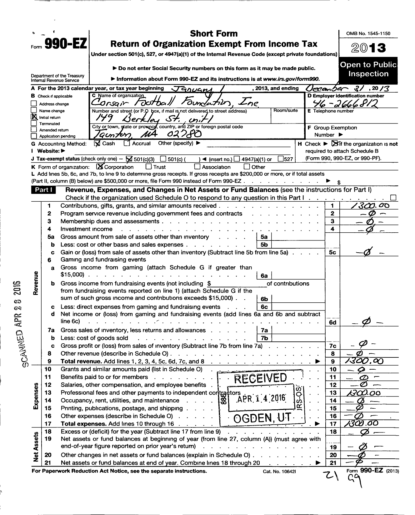 Image of first page of 2013 Form 990EZ for Corsair Football Foundation