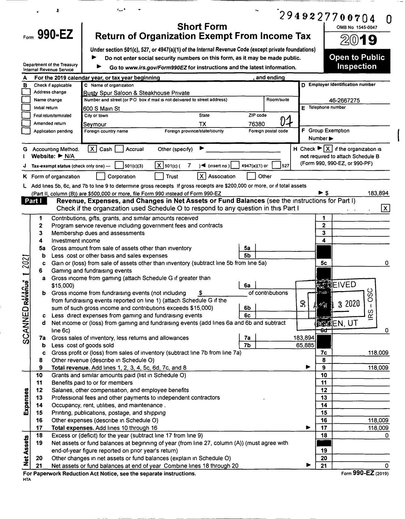 Image of first page of 2019 Form 990EO for Rusty Spur Saloon & Steakhouse Private