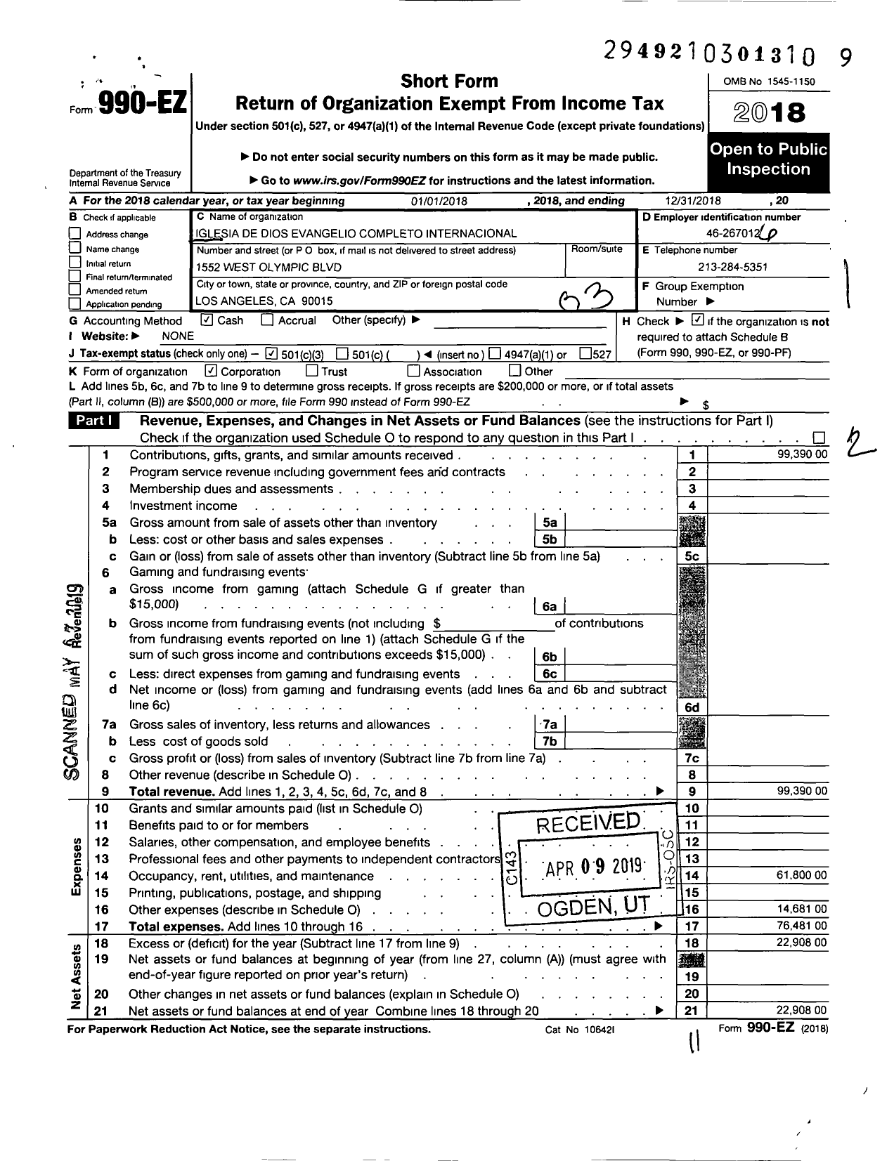 Image of first page of 2018 Form 990EZ for Iglesia de Dios Evangelio Completo Internacional