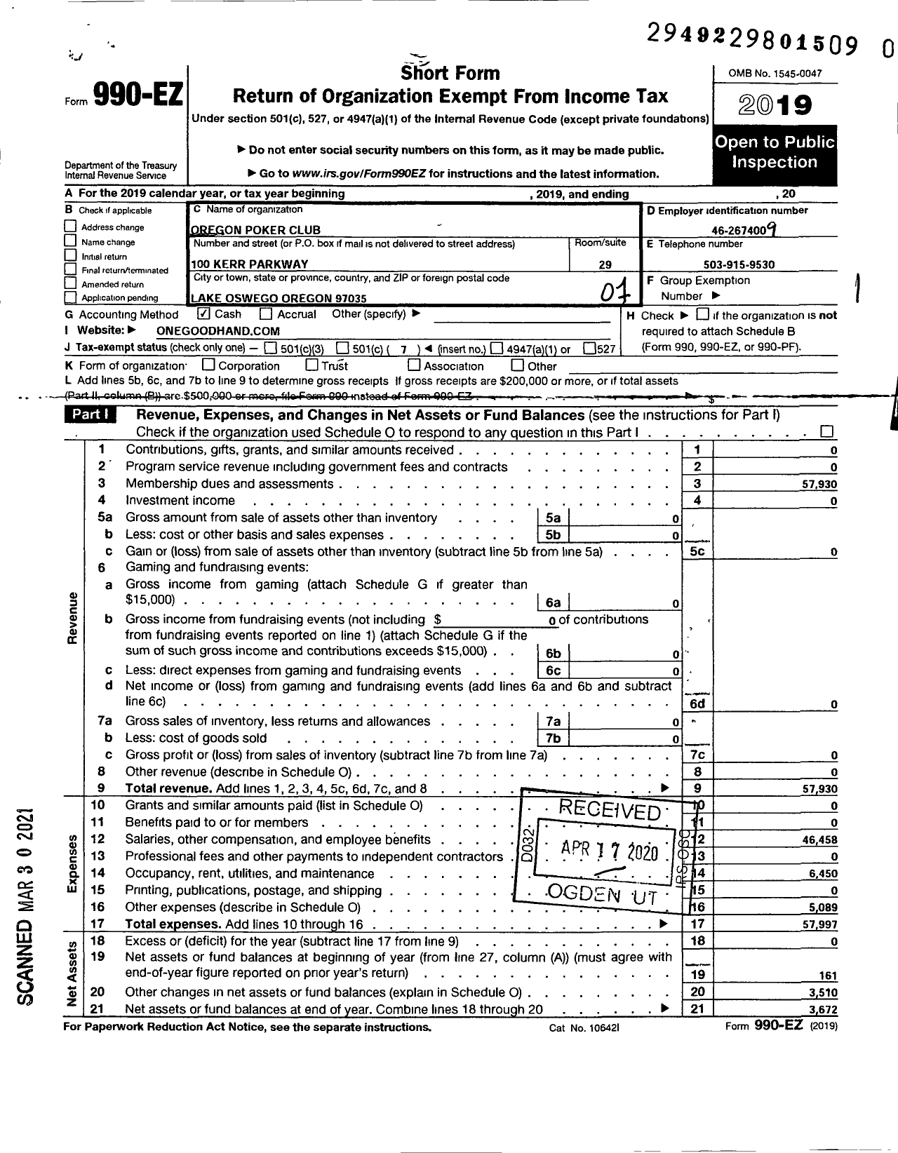 Image of first page of 2019 Form 990EO for Oregon Poker Club