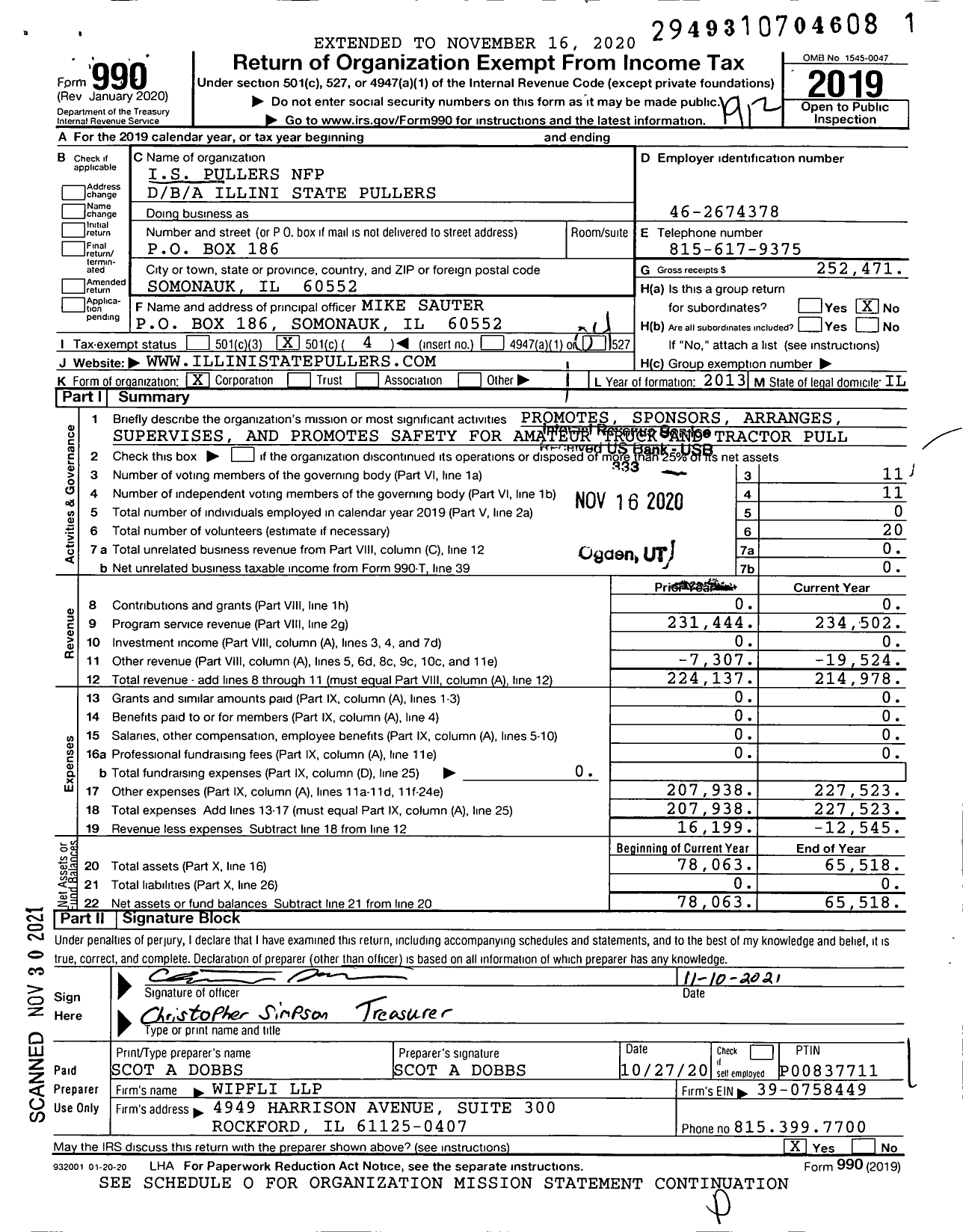 Image of first page of 2019 Form 990O for Illini State Pullers