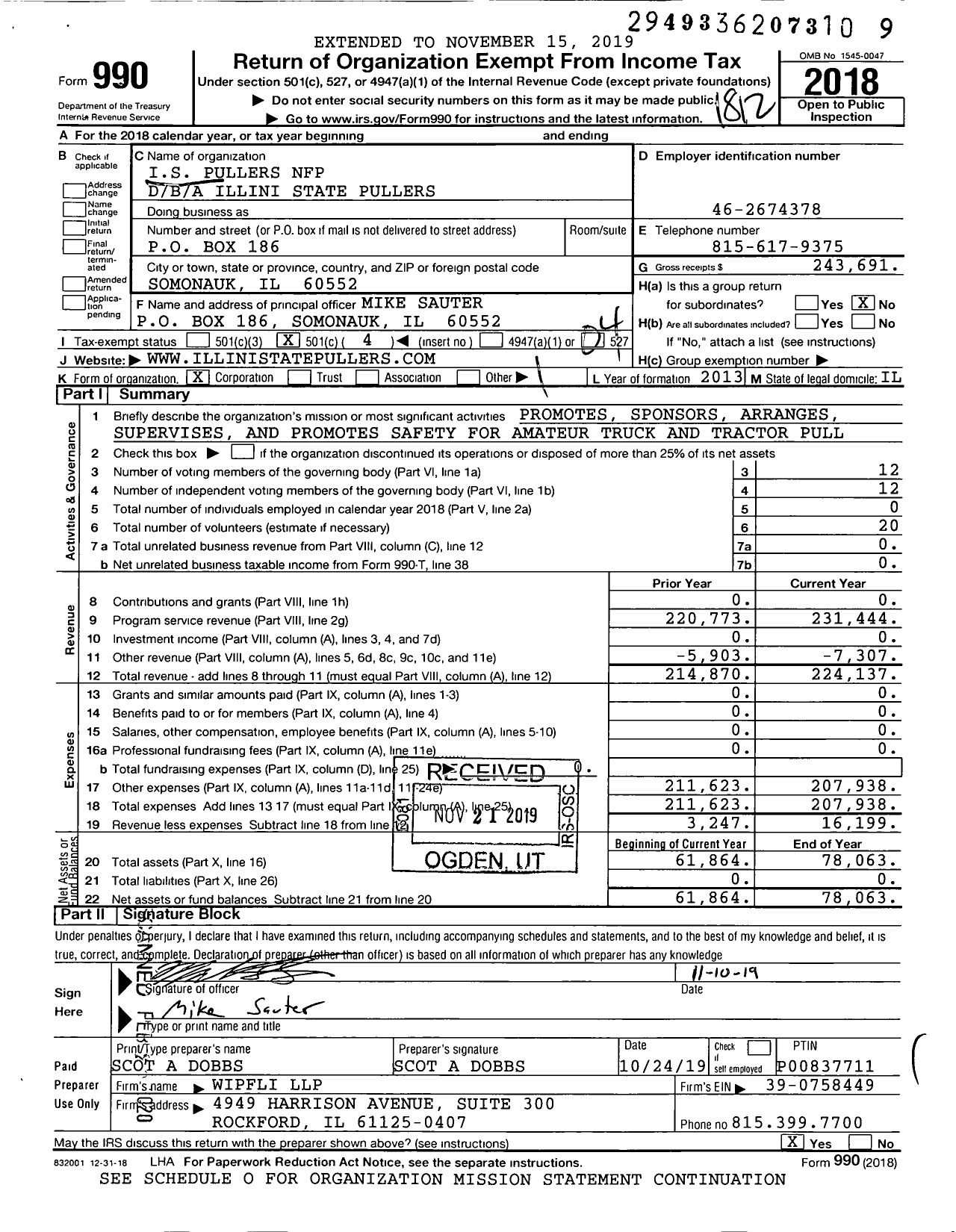 Image of first page of 2018 Form 990O for Illini State Pullers