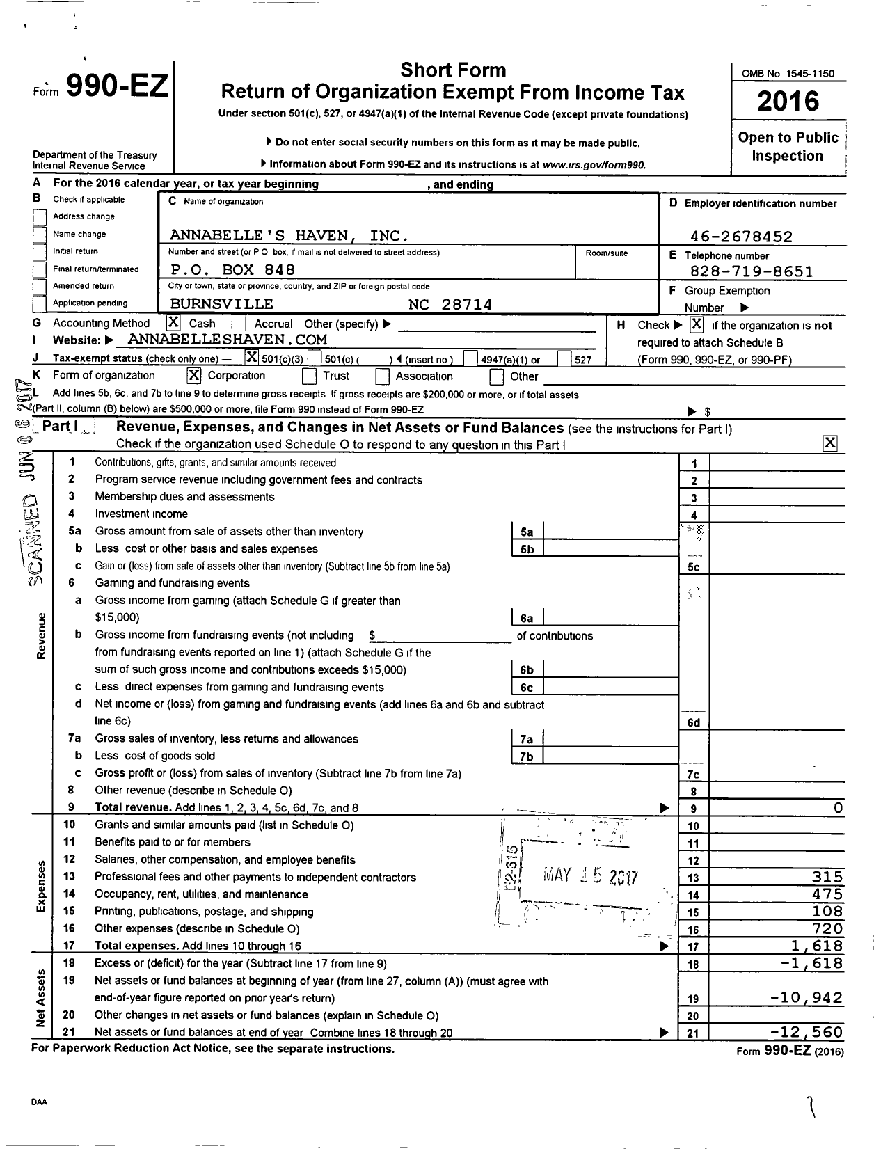 Image of first page of 2016 Form 990EZ for Annabelles Haven