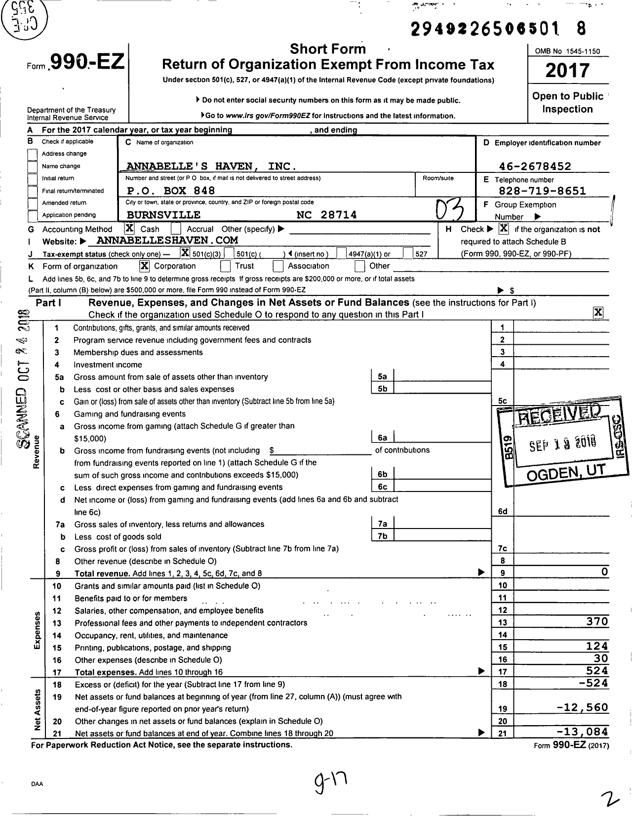 Image of first page of 2017 Form 990EZ for Annabelles Haven