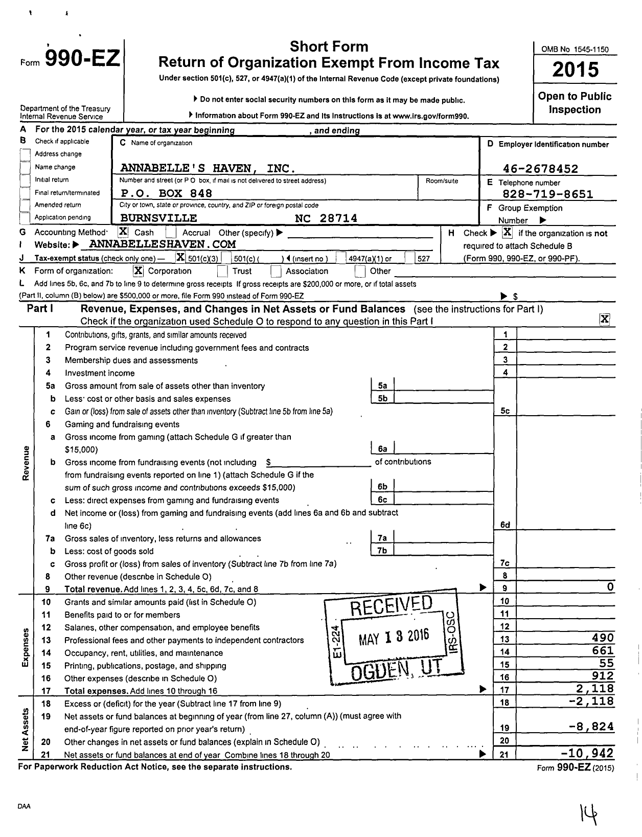 Image of first page of 2015 Form 990EZ for Annabelles Haven